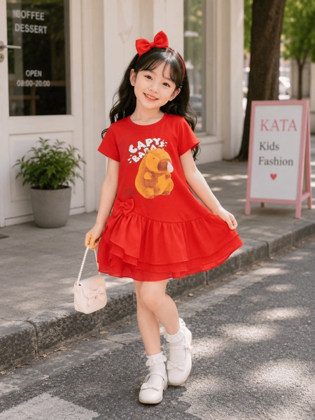 Đầm Bé Gái In Hình Capybara Phối Tầng Voan Công Chúa