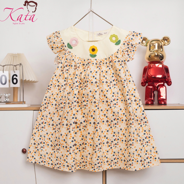 Đầm bé gái cotton hoa vintage cổ thêu xinh xắn