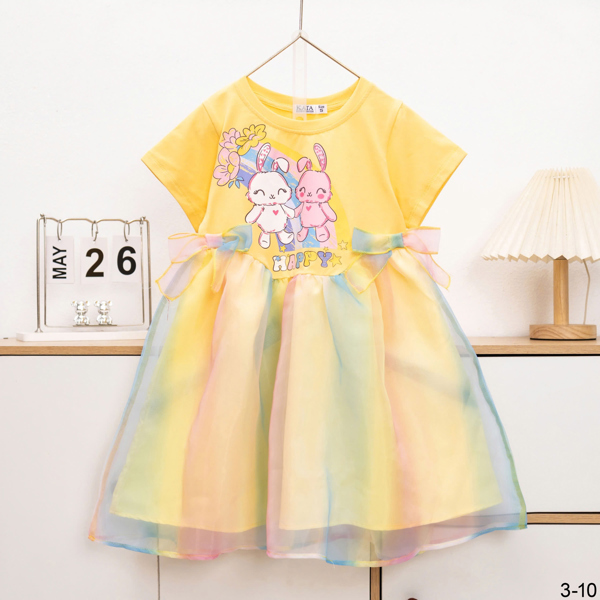 Đầm Bé Gái Thỏ Happy Phối Váy Organza Cầu Vồng