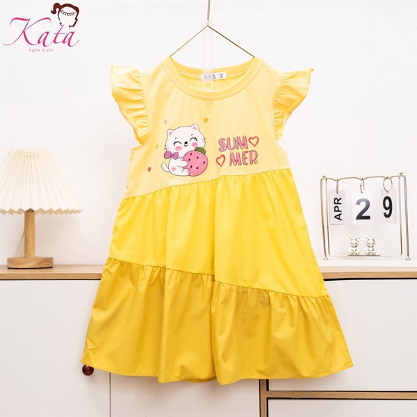 Đầm Bé Gái Summer Thêu Mèo Dâu Tây 12-35kg