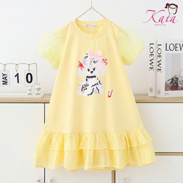 Đầm bé gái phối voan in cún dễ thương