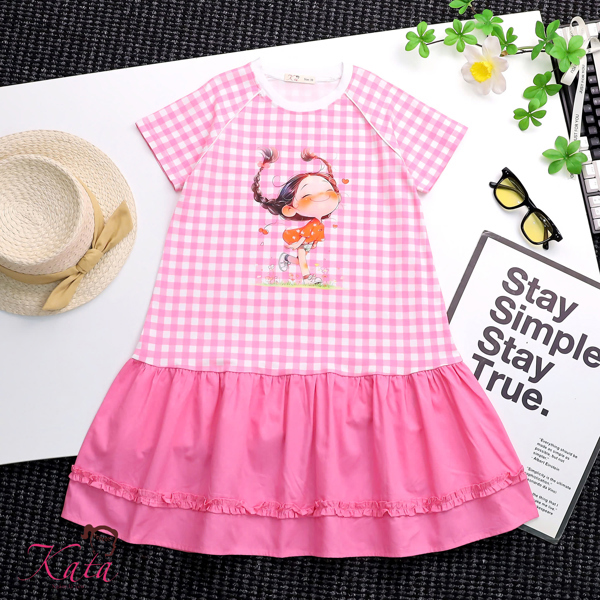 Đầm Bé Gái Caro In Hình Cô Bé Dễ Thương