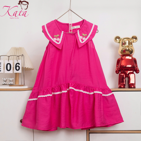 Đầm bé gái tơ gân cổ sen nhọn thêu cherry