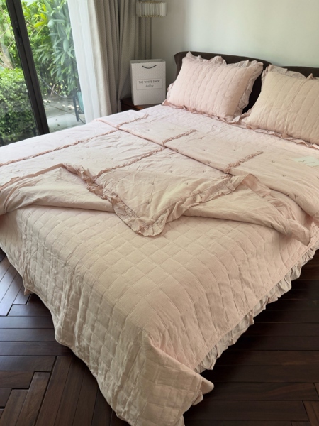 Bộ ga "Hạ thảo" | Cotton Linen - Chần full, thêu chữ X, bèo dọc, Ga caro - PW02.1.Q
