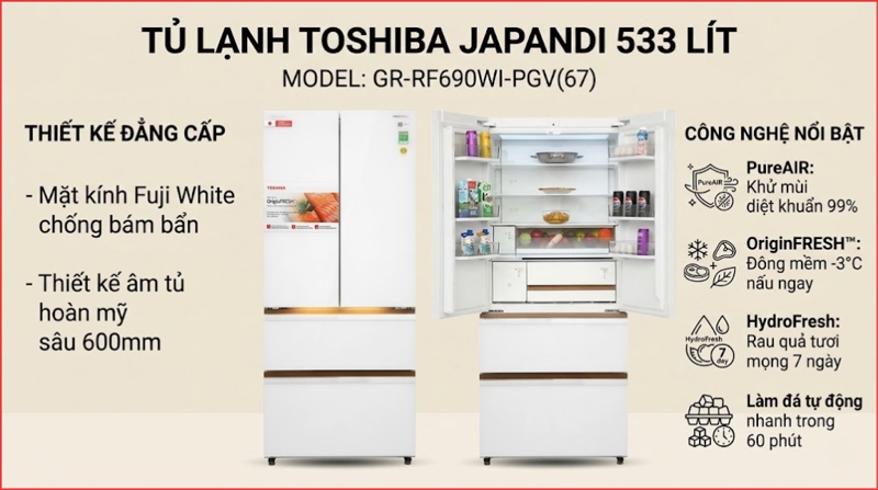 Tủ lạnh Toshiba Inverter 533 lít Japandi Multi Door GR-RF690WI-PGV(67)