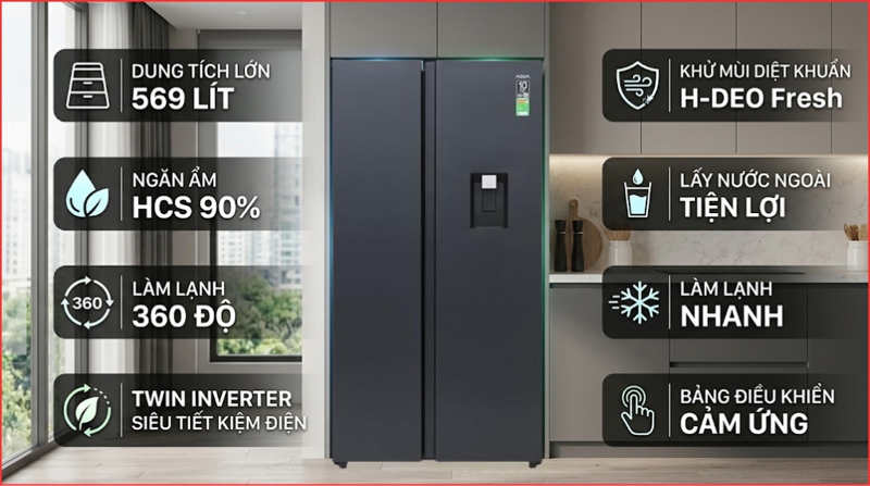 Tủ lạnh Aqua Inverter 569 lít Side By Side AQR-S633XA(WSL) 2025 - Thái Lan