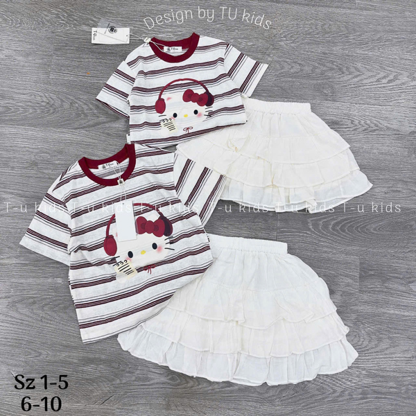 Set BG hello kitty sọc đỏ chân váy tầng trắng (6-10)