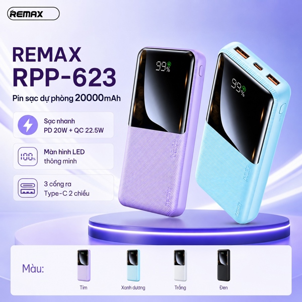 Pin sạc dự phòng 20000mAh,QC+PD 20W+22.5W, Model RPP-623. Hiệu REMAX. Hàng mới 100%.