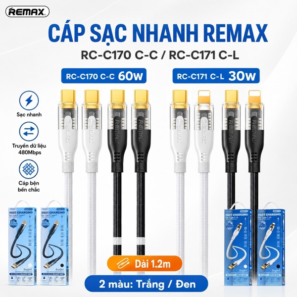 Cáp sạc và truyền dữ liệu cho điện thoại cổng Type-C To Lightning (PD), 30W, dài 1m2, Model RC-C171, Hiệu REMAX. Hàng mới 100%.