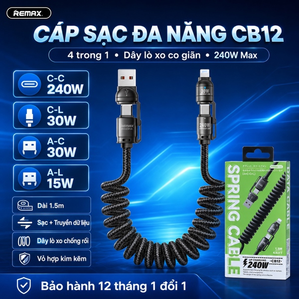Cáp sạc 4 trong 1 USB+Type C ra Type C+Lightning, 240W, dài 1m5, Model CB12(A+C-C+L), Hiệu REMAX. Hàng mới 100%.