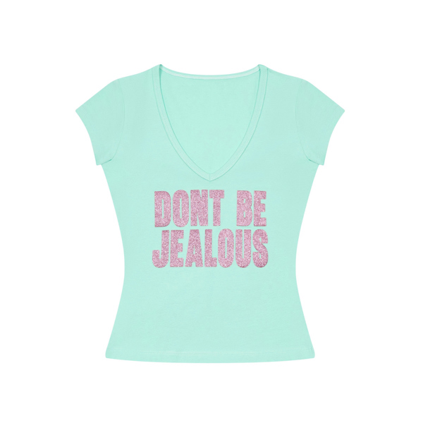 Áo Cổ Tim TWENTI Thun Cotton In Kim Tuyến Jealous - JEALOUS Tiffany Blue - Freesize