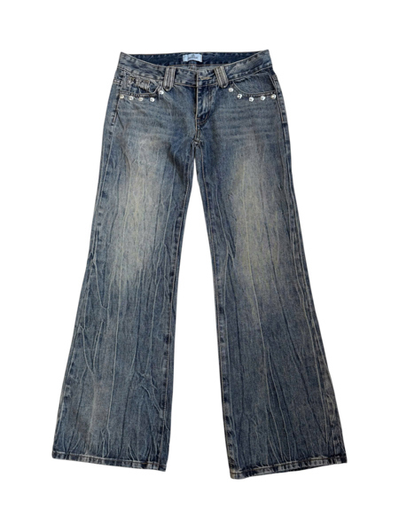 [Form nhỏ] Quần Jeans Cạp Siêu Trễ TWENTI Đinh Tán Ống Suông - Xanh wash - ĐINH TÁN - 0 (XS)