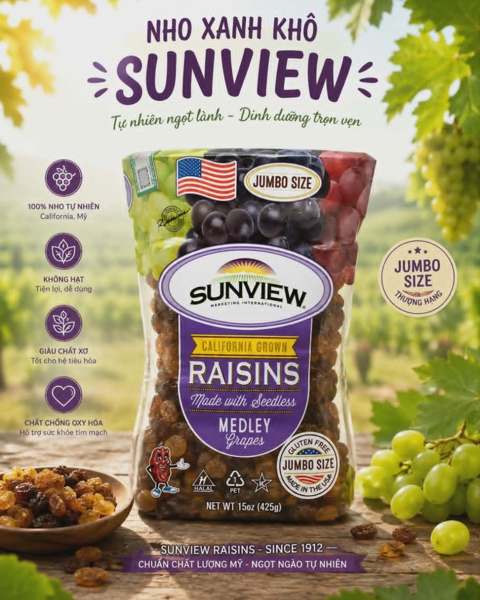 Nho xanh khô Mỹ Sunview 425g