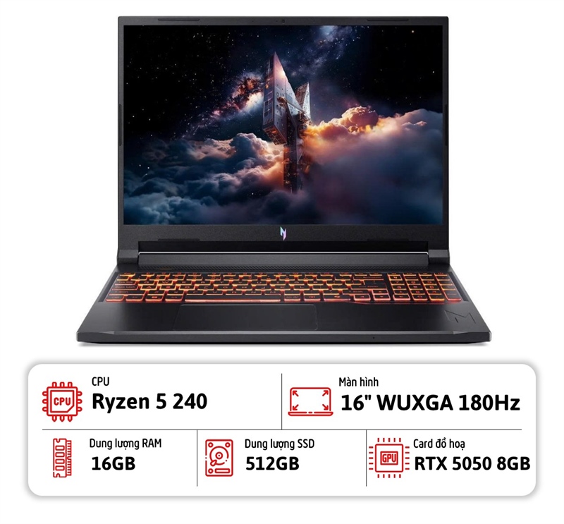 Laptop Acer Nitro V 16 Al ANV16-42-R309 (Ryzen 5 240/ 16GB RAM/ 512GB SSD/ RTX 5050 8GB/ 16" WUXGA, 180Hz/ Win 11/ S hale Black)