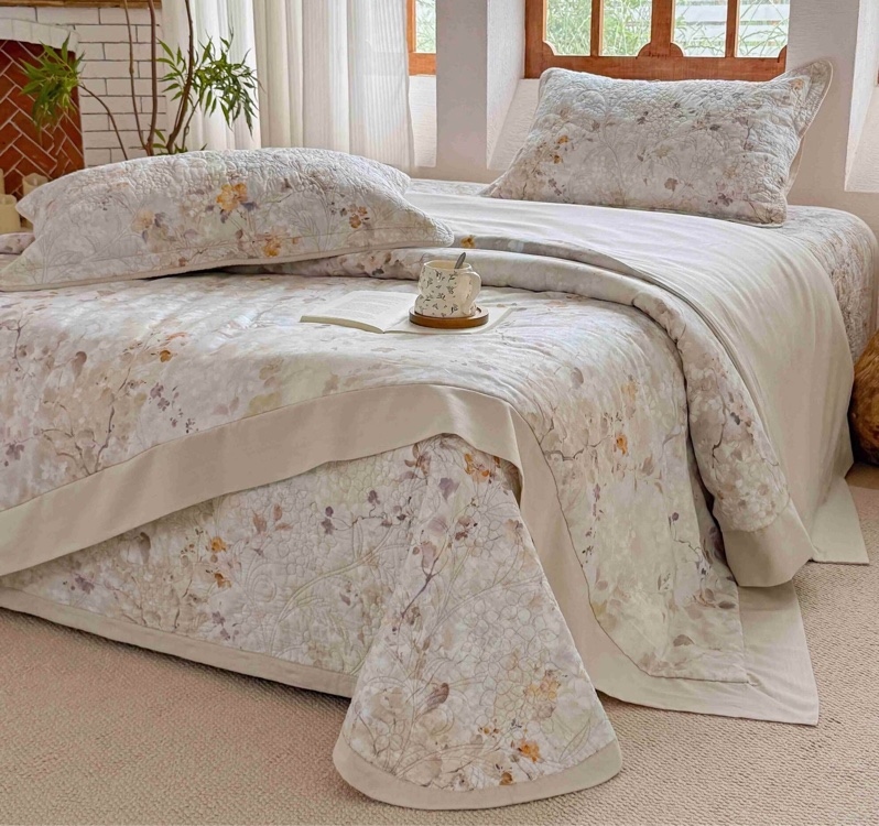 Bộ ga “Hương hoa Mãn lối” | Cotton Tencel Linen - chần Vip, hoa kem - LX32