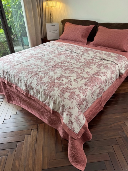 Bộ ga vip "Phương Uyển" | 100% Cotton sợi 100s - Chần full , hoa màu hồng - LX29