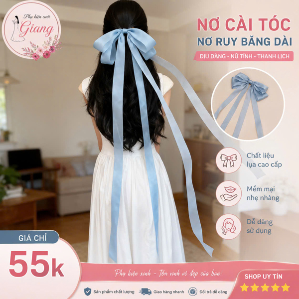 Nơ cài tóc ruy băng voan xanh đuôi dài nhẹ nhàng t7/2026