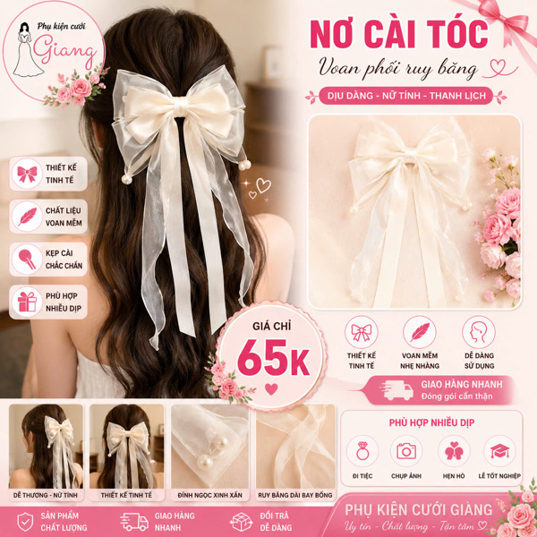 Cài tóc nơ voan mềm đính hạt trai mix nơ vải nhẹ nhàng t7/2026