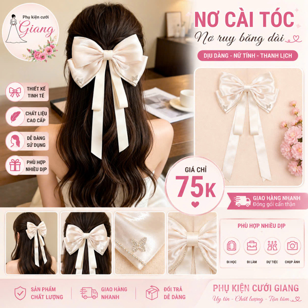 Nơ cài tóc vải voan bóng màu kem đính dây đá hồ điệp xinh t7/2026