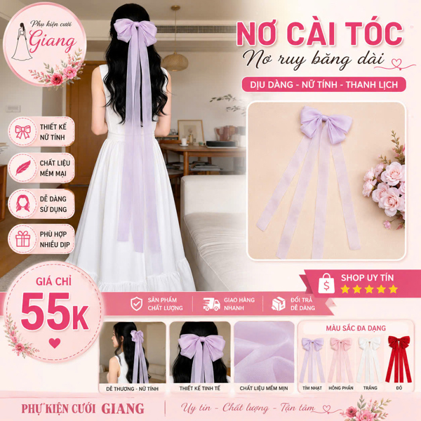 Nơ cài tóc ruy băng voan tím đuôi dài nhẹ nhàng t7/2026
