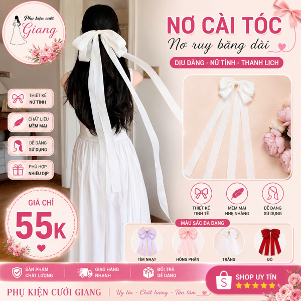 Nơ cài tóc ruy băng voan kem be đuôi dài nhẹ nhàng t7/2026
