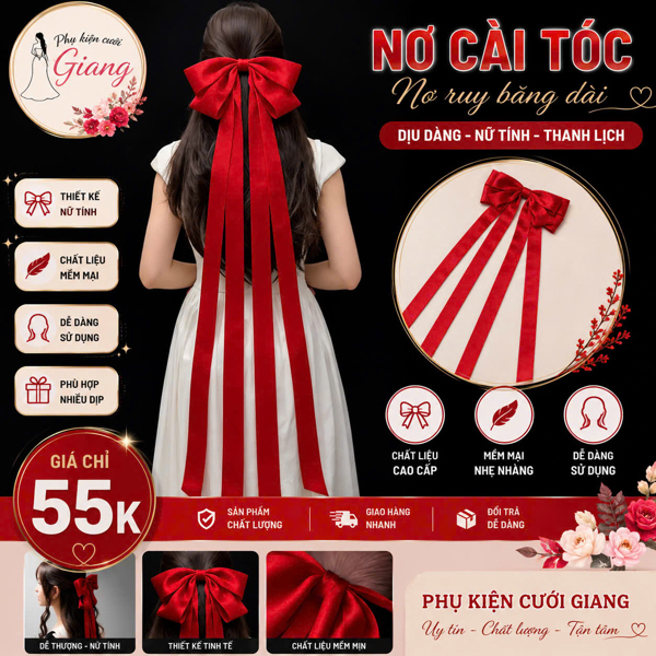 Nơ cài tóc ruy băng voan đỏ đuôi dài nhẹ nhàng t7/2026