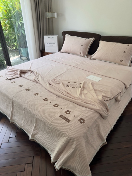 Bộ ga "Thanh lương" | Spandex làm mát - Chăn hè - Thêu chần hoa 5 cánh, Ga chần sọc - LJ02.2.Q