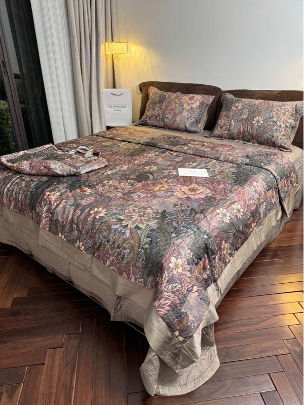 Bộ ga chần Vip | Cotton Tencel - "Hoa đảo Tịch Dương" - Họa tiết hoa lá cổ điển paisley - Xanh rêu hoa be - LX39