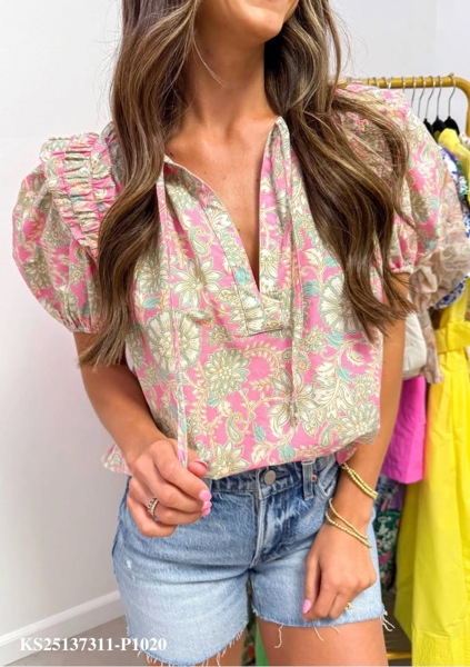 Pink Tie V Neck Floral Short Puff Sleeve Blouse