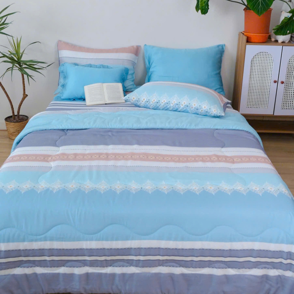 Chăn hè (Vỏ mền/ vỏ mền chần) Tencel 50s họa tiết sọc ngang xanh da trời, cam đất