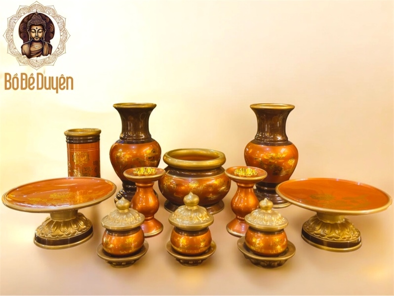 Bộ đồ thờ sứ giả đồng sen cam ĐL - CHSHSB-2