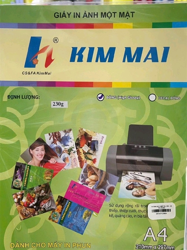 Giấy in ảnh A4 Kim Mai 230 bóng 1 mặt xấp 50 tờ