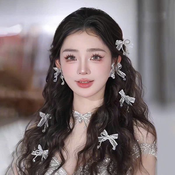 Set 5 Kẹp Tóc Nơ Đính Đá Pha Lê Kèm Đôi Bông Tai Cao Cấp Cho Cô Dâu