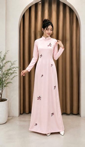 Áo dài truyền thống lụa thêu hoa rơi