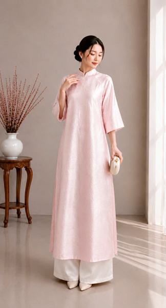 Áo dài suông tencel cổ thấp