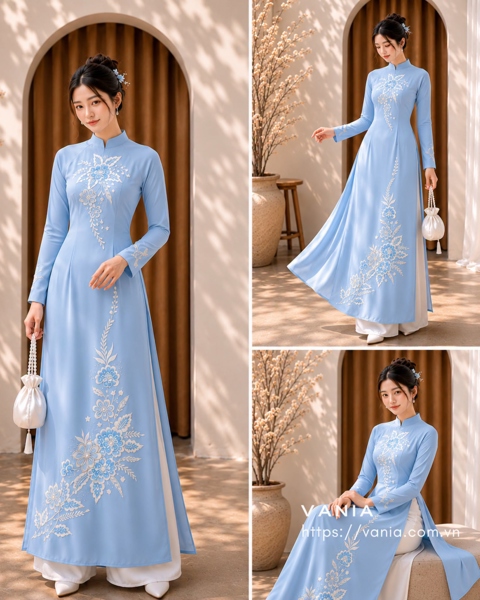 Áo dài truyền thống kết cườm vẽ