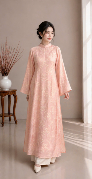 Áo dài suông thọ dơi cổ thấp tay dài