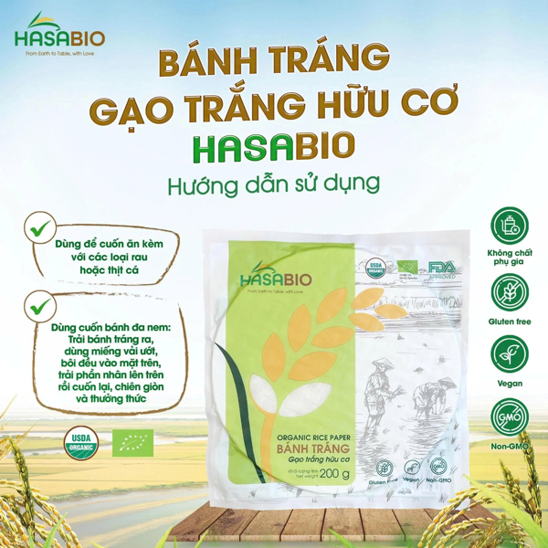 Bánh tráng gạo trắng hữu cơ HASABIO 200g