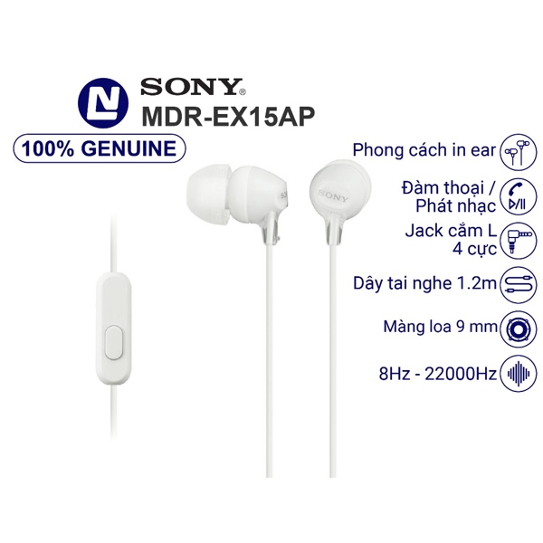 TAI NGHE NHÉT TAI Sony MDR-EX15AP Trắng (âm trầm sâu)