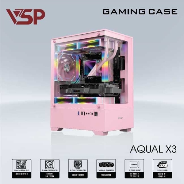 Case VSP Aqual X3 (3 Fan, USB 3.0, M-ATX, Màu Hồng)