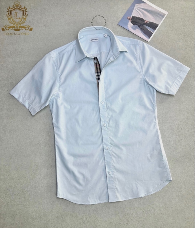 Sơ mi Burberry cộc tay light blue check khuy chất mới