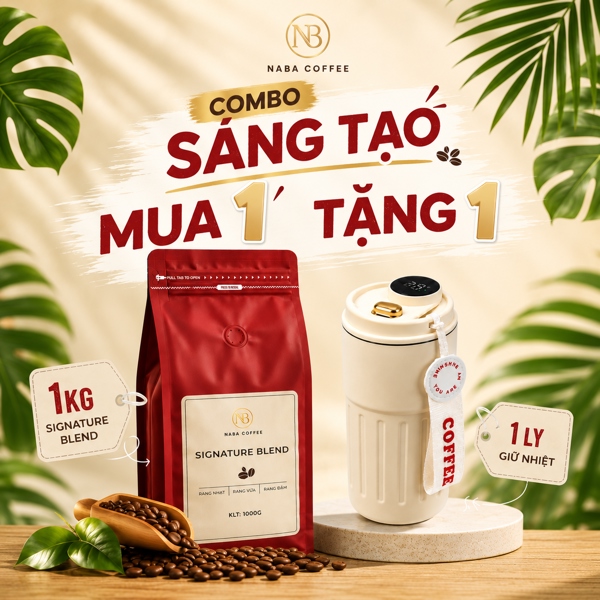 [COMBO SÁNG TẠO] 1KG Cà phê Signature Blend (7 Robusta:3 Arabica) NABA COFFEE Kèm 1 Ly Giữ Nhiệt Hiển Thị Nhiệt Độ
