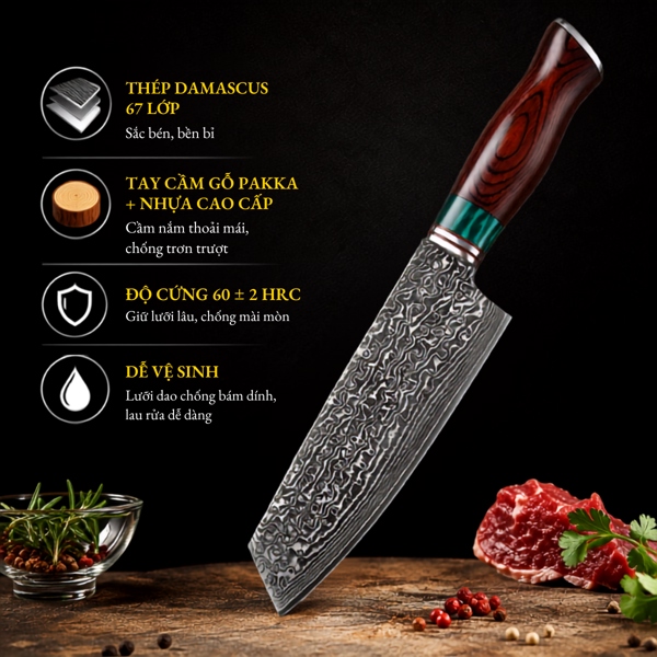 Dao Damascus Cán Gỗ Đỏ 皇 (Lõi VG-10 67 lớp)