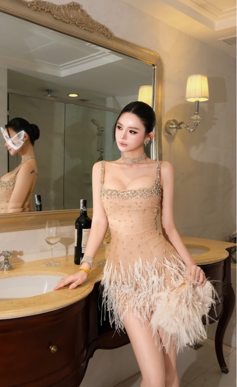 Đầm lưới kết đá lông vũ 8000