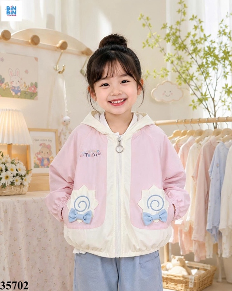 35702-Áo Gió Hồng Đính Nơ Xanh