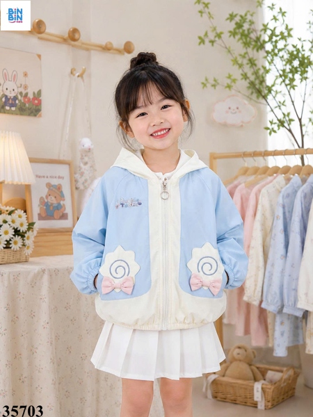 35703-Áo Gió Xanh Đính Nơ Xanh