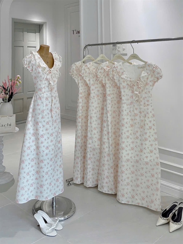 Maxi hoa cổ V bèo TP thắt nơ KA