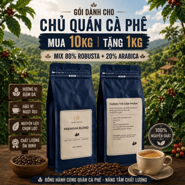 [GÓI KHÁCH SỈ] MUA 10KG TẶNG 1KG CÀ PHÊ PREMIUM BLEND (8 ROBUSTA:2 ARABICA) NABA COFFEE
