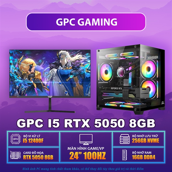 GPC GAMING I5 12400F / RTX 5050 8GB / B760M / RAM 16GB / SSD 256GB / PSU 650W / MÀN GAMING 24" 100HZ