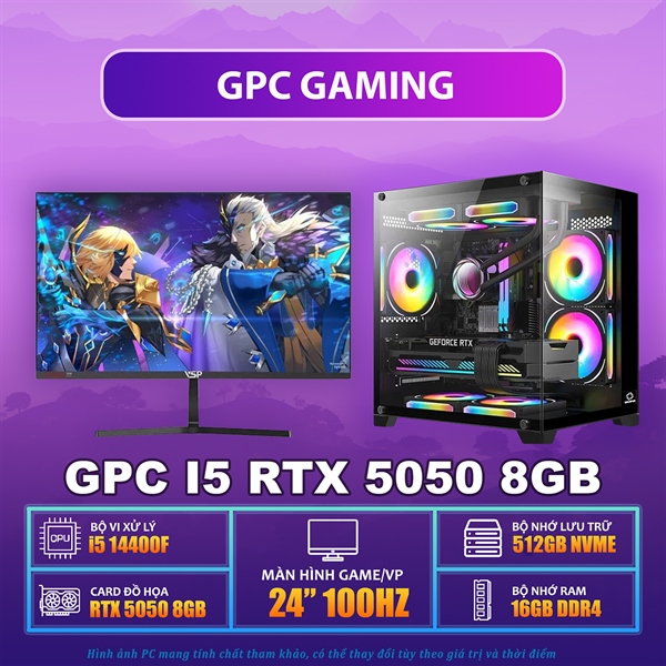 GPC GAMING I5 14400F / RTX 5050 8GB / B760M / RAM 16GB / SSD 512GB / PSU 650W / MÀN GAMING 24" 100HZ